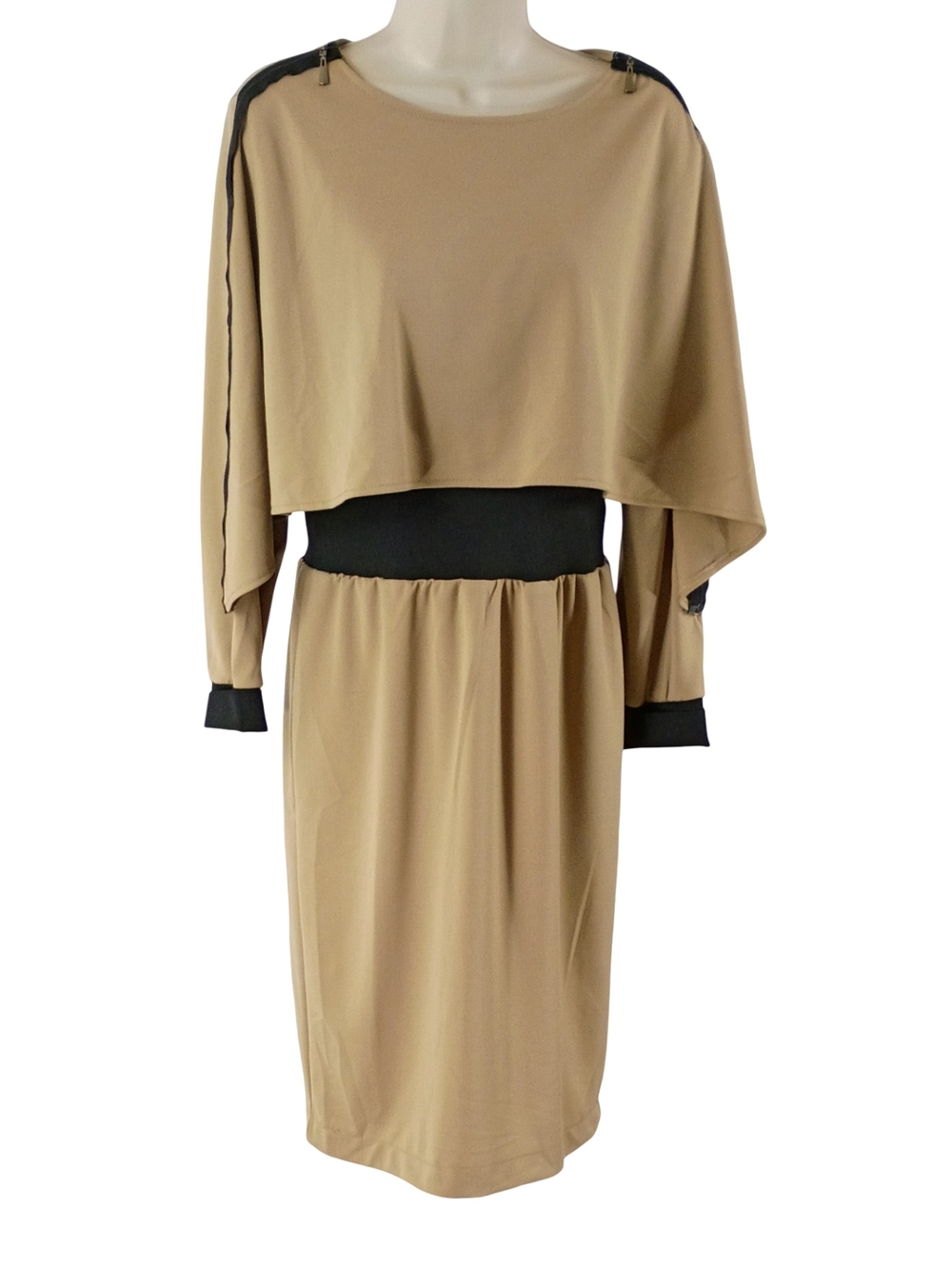 Beige Long-Sleeve Dress with Black Accents